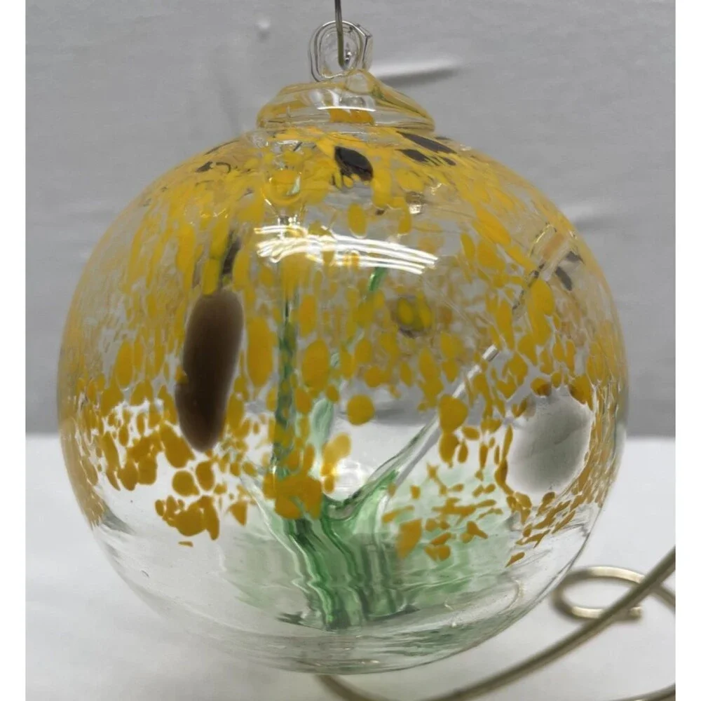 Art Glass Hand Blown Sunflower Ball Orb Hanging Ornament Yellow Brown Green EUC